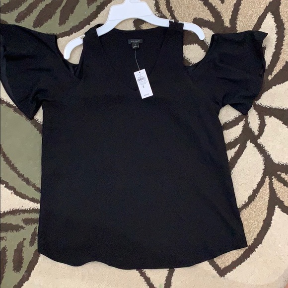 ANN TAYLOR Factory Black Cold Shoulder top - Picture 1 of 4